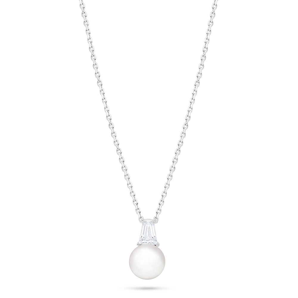 Sterling Silver 925 Necklace Rhodium Plated Embedded With Natural White Pearl And White Zircon