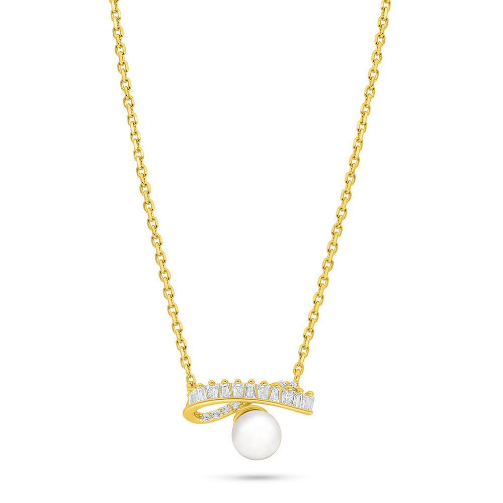 Sterling Silver 925 Necklace Golden Plated Embedded With Natural White Pearl And White Zircon