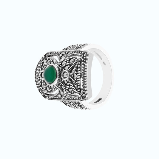 Sterling Silver 925 Ring Natural Green Agate Marcasite Stones