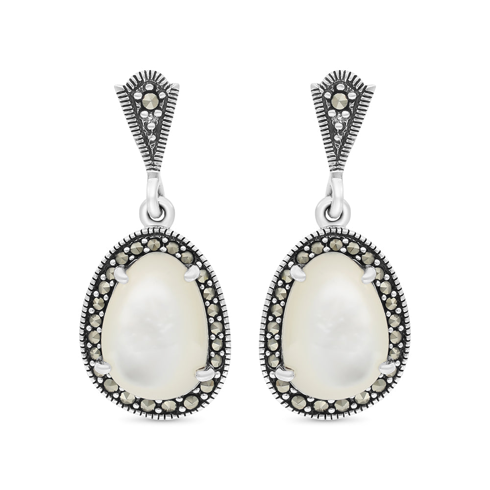 اقراط من الفضة الخالصة عيار 925 مرصعه احجار صدف ابيض طبيعي و ماركسايت