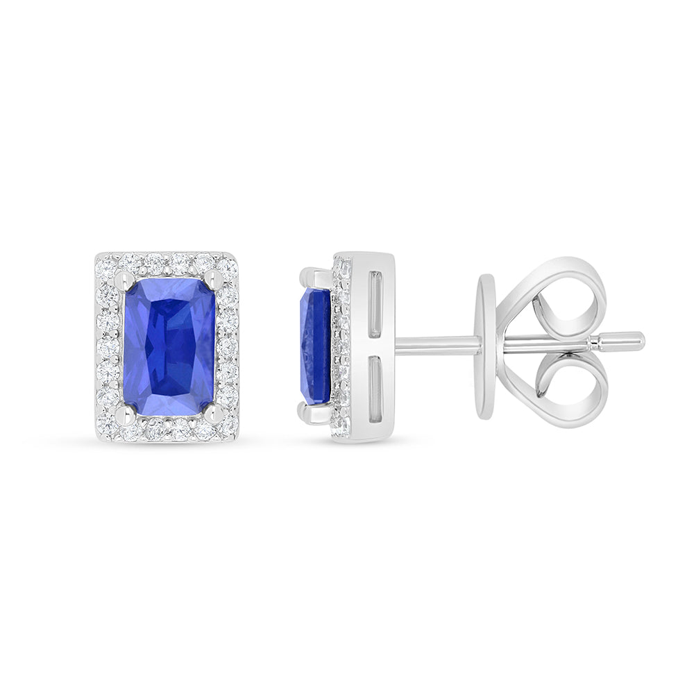 Sterling Silver 925 Earring Rhodium Plated Embedded With Sapphire Corundum And White Zircon