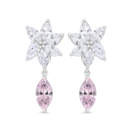 Sterling Silver 925 Earring Rhodium Plated Embedded With Pink Zircon And White Zircon