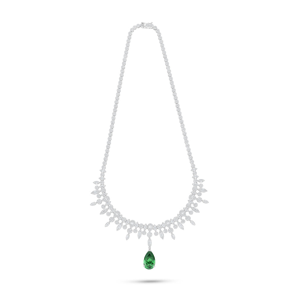 Sterling Silver 925 SET Rhodium Plated Embedded With Emerald Zircon And White Zircon