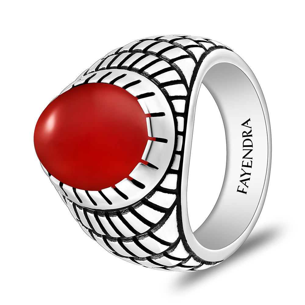 خاتم رجالي من الفضة الخالصة عيار 925 مطلي روديوم و اسود مرصع احجار عقيق احمر كابشون