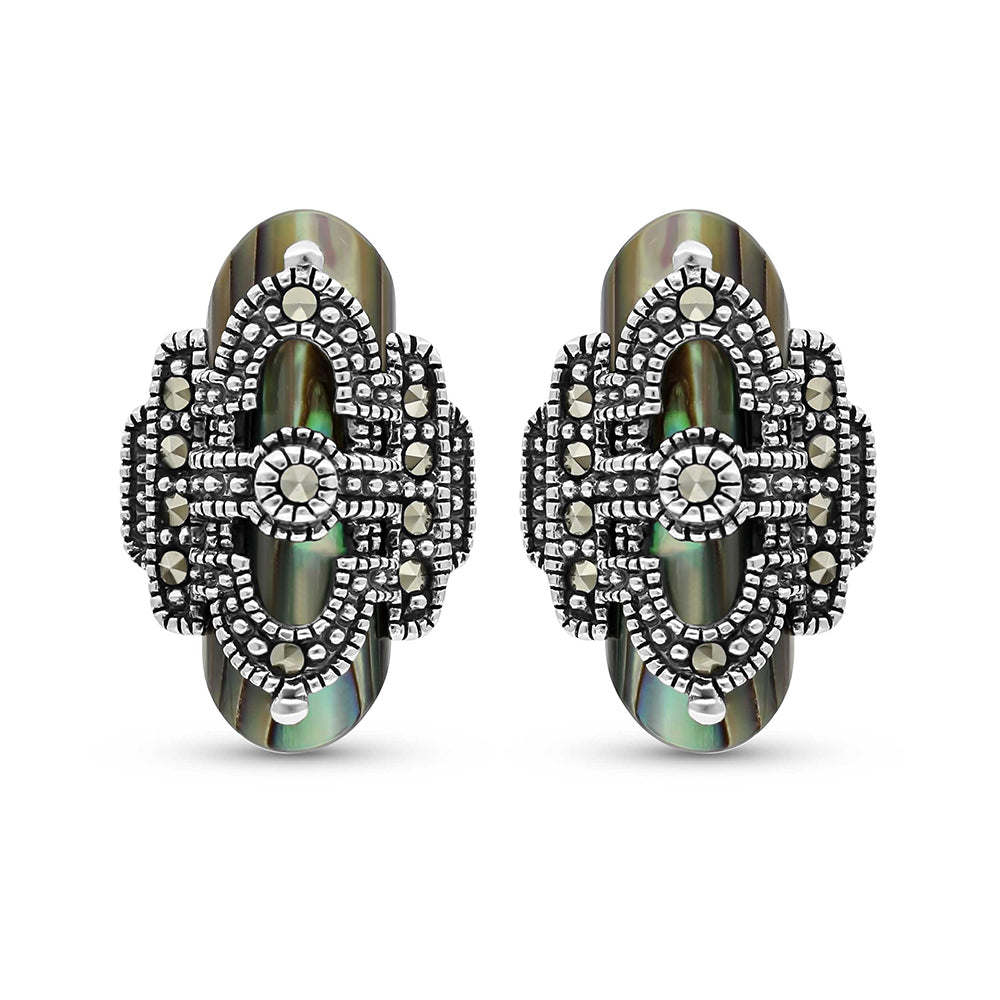Sterling Silver 925 Earring Embedded With Natural Blue Shell And Marcasite Stones