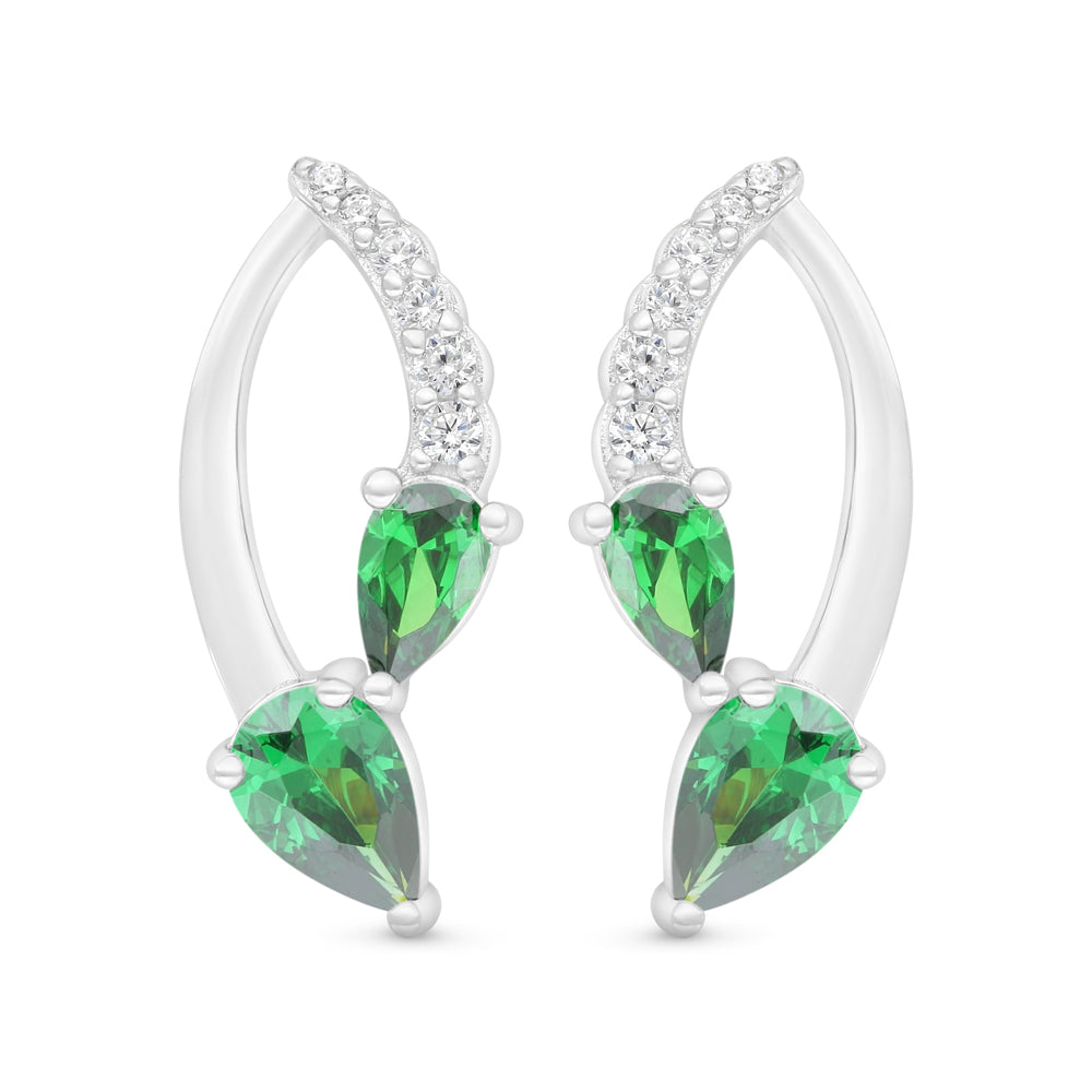 Sterling Silver 925 Earring Rhodium Plated Embedded With Emerald Zircon And White Zircon