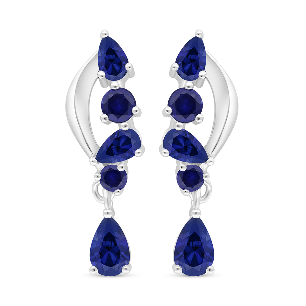 Sterling Silver 925 Earring Rhodium Plated Embedded With Sapphire Corundum