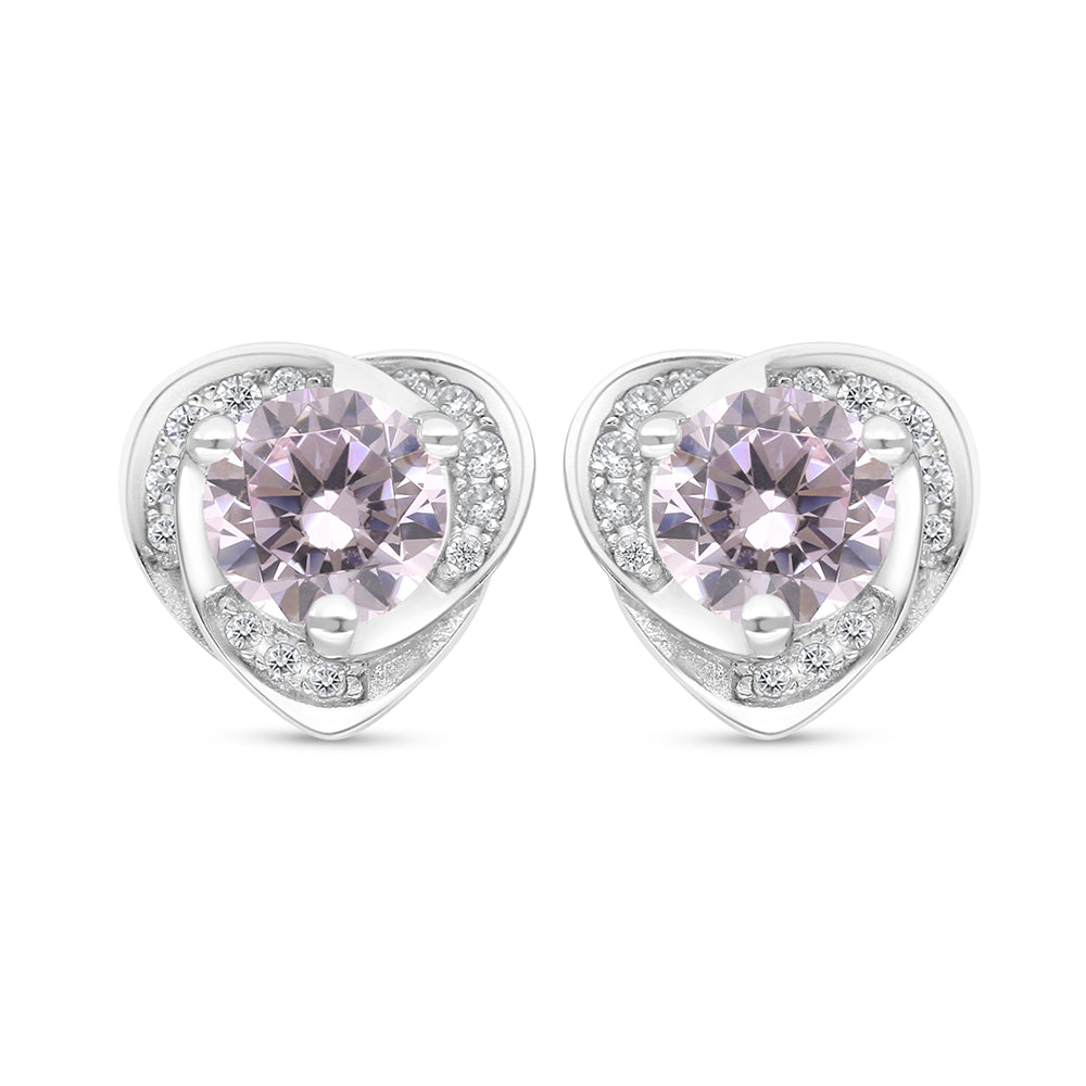 Sterling Silver 925 Earring Rhodium Plated Embedded With Pink Zircon And White Zircon
