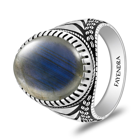 خاتم رجالي من الفضة الخالصة عيار 925 مطلي روديوم و اسود مرصع لابرادوريت اوبالي كابشون