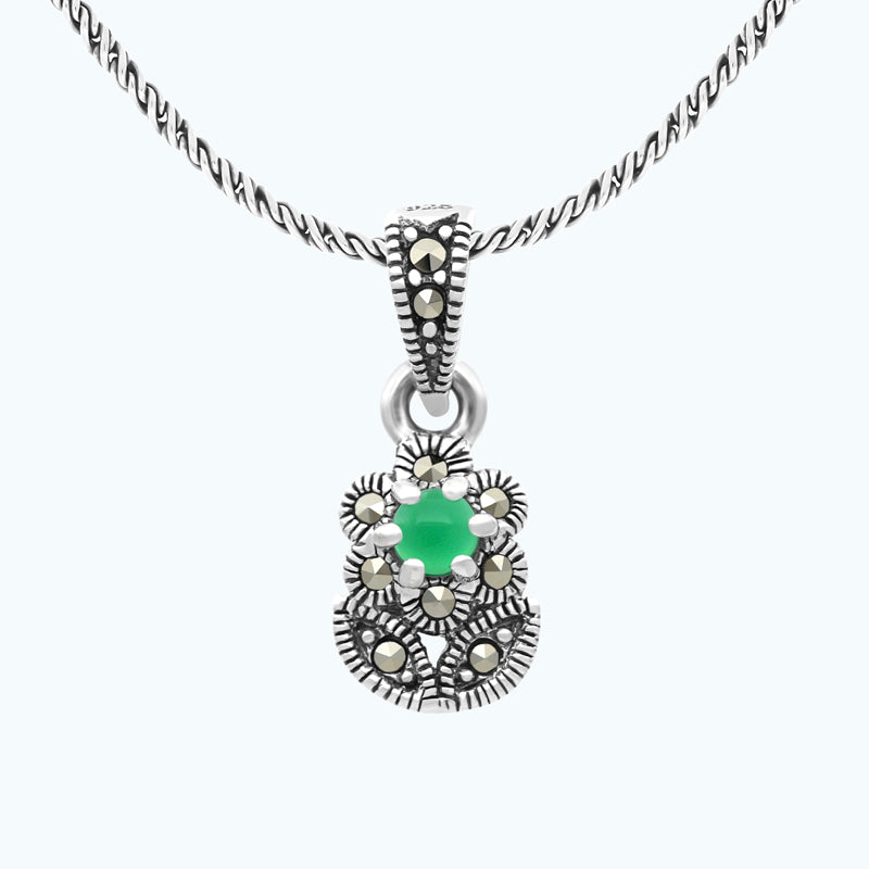 Sterling Silver 925 Pendant Embedded With Natural Green Agate And Marcasite Stones