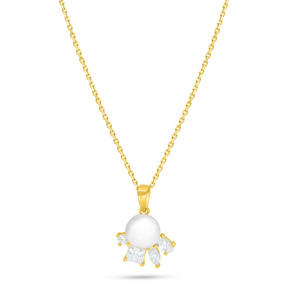 Sterling Silver 925 Necklace Golden Plated Embedded With Natural White Pearl And Diamond Zircon And White Zircon
