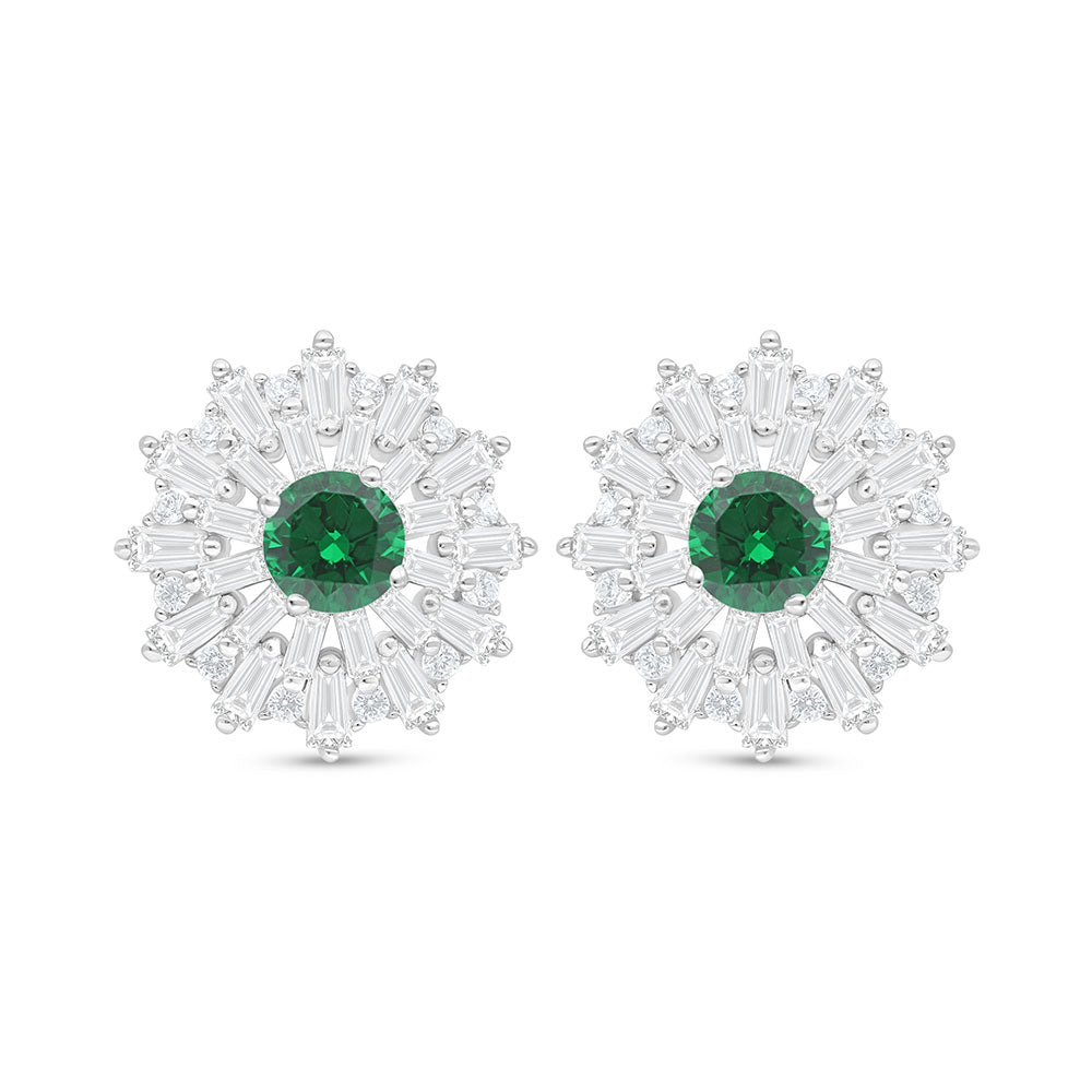 Sterling Silver 925 Earring Rhodium Plated Embedded With Emerald Zircon And White Zircon