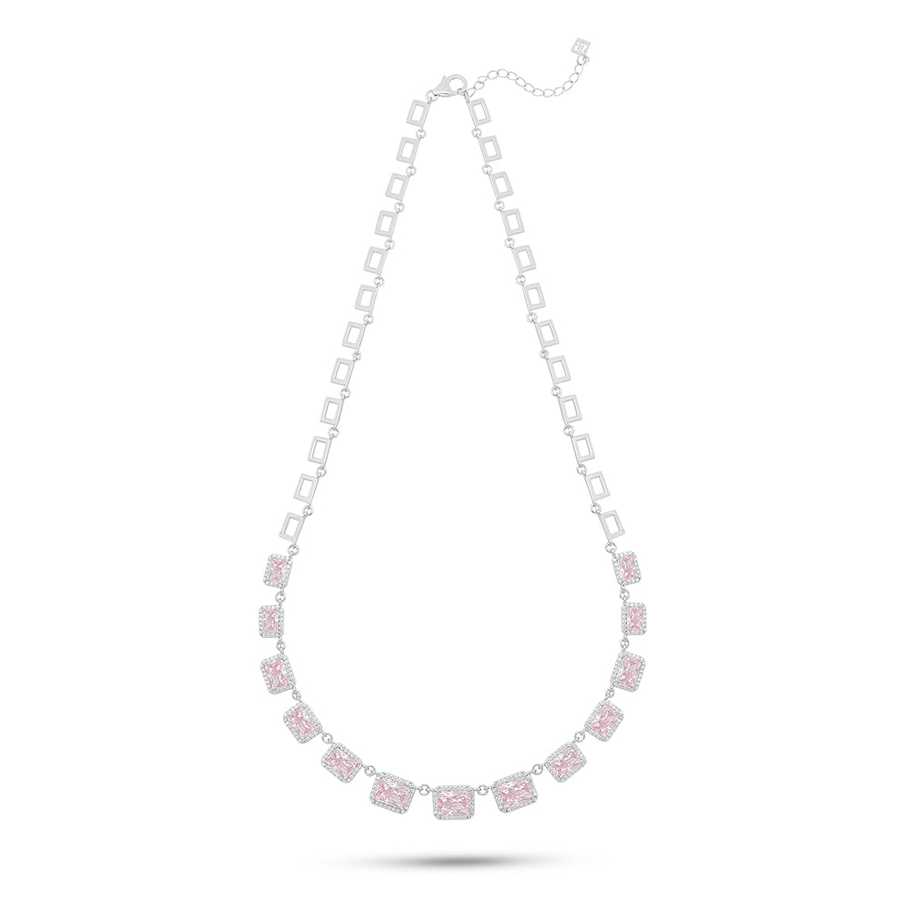 Sterling Silver 925 Necklace Rhodium Plated Embedded With Pink Zircon And White Zircon
