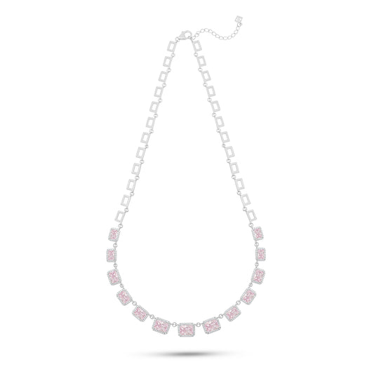 Sterling Silver 925 Necklace Rhodium Plated Embedded With Pink Zircon And White Zircon