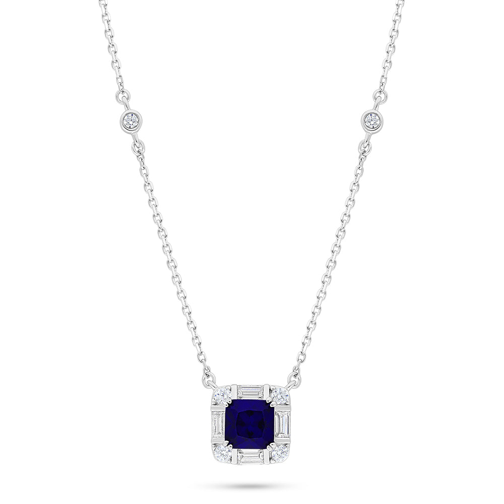 Sterling Silver 925 Necklace Rhodium Plated Embedded With Sapphire Corundum And White Zircon