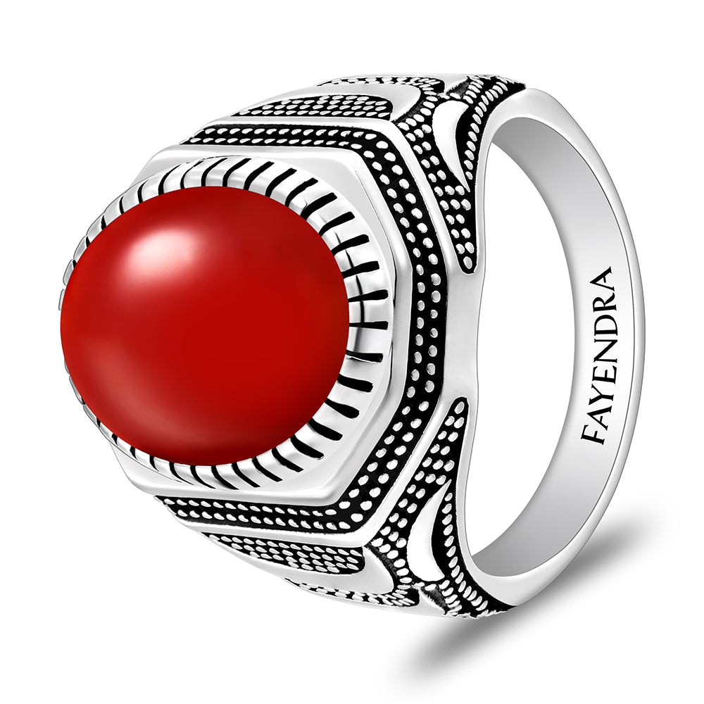 خاتم رجالي من الفضة الخالصة عيار 925 مطلي روديوم و اسود مرصع احجار عقيق احمر كابشون