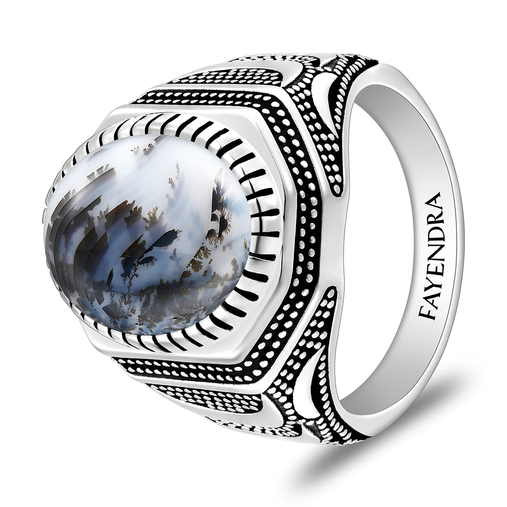 خاتم رجالي من الفضة الخالصة عيار 925 مطلي روديوم و اسود مرصع احجار عقيق مشجر طبيعي كابشون