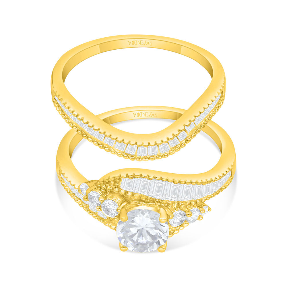 Sterling Silver 925 Ring (Twins) Golden Plated Embedded With White Zircon