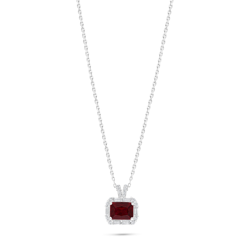 Sterling Silver 925 Necklace Rhodium Plated Embedded With Ruby Corundum And White Zircon