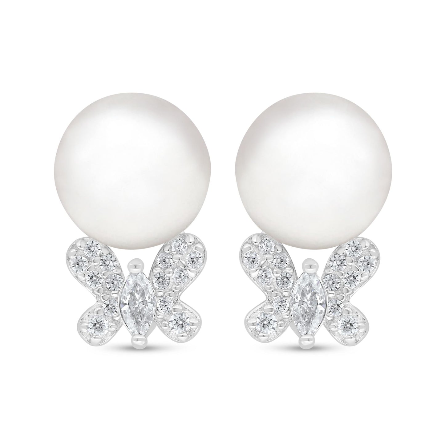 Sterling Silver 925 Earring Rhodium Plated Embedded With Natural White Pearl And Diamond Zircon And White Zircon