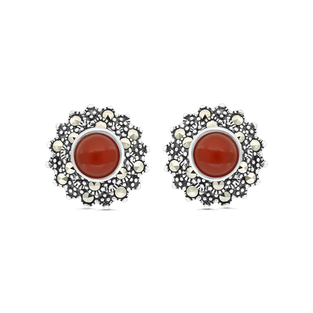 Sterling Silver 925 Earring Embedded With Natural Aqiq And Marcasite Stones