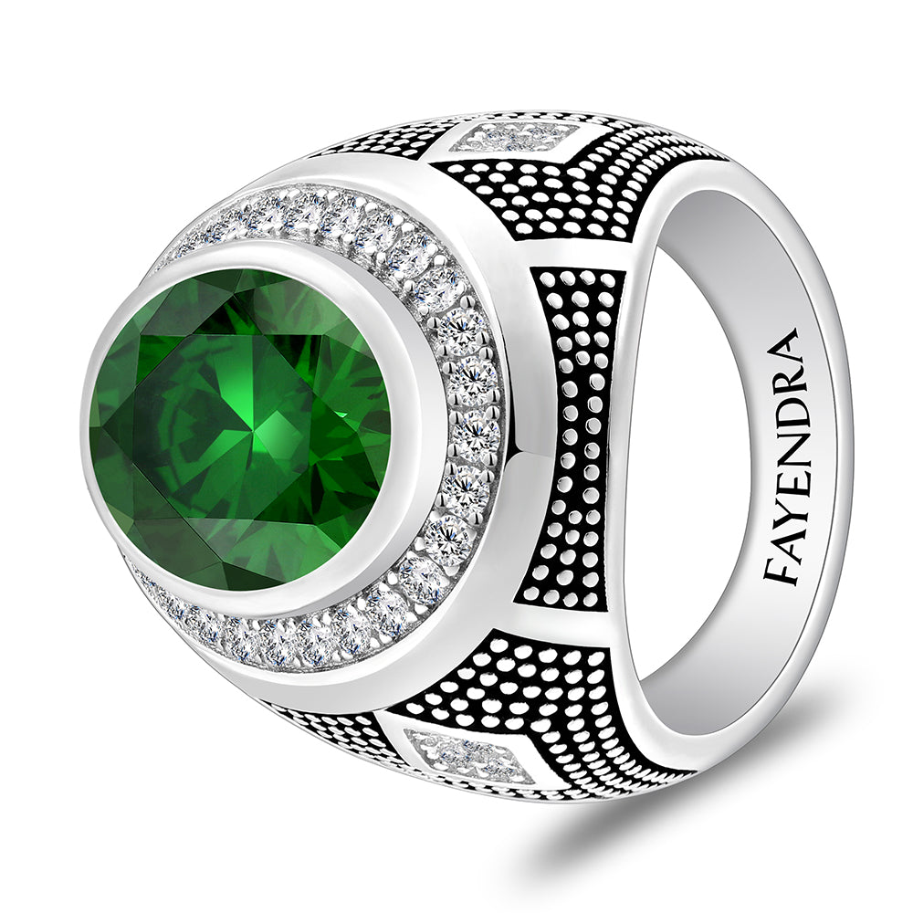 خاتم رجالي من الفضة الخالصة عيار 925 مطلي روديوم و اسود مرصع زركون زمردي و فص ابيض