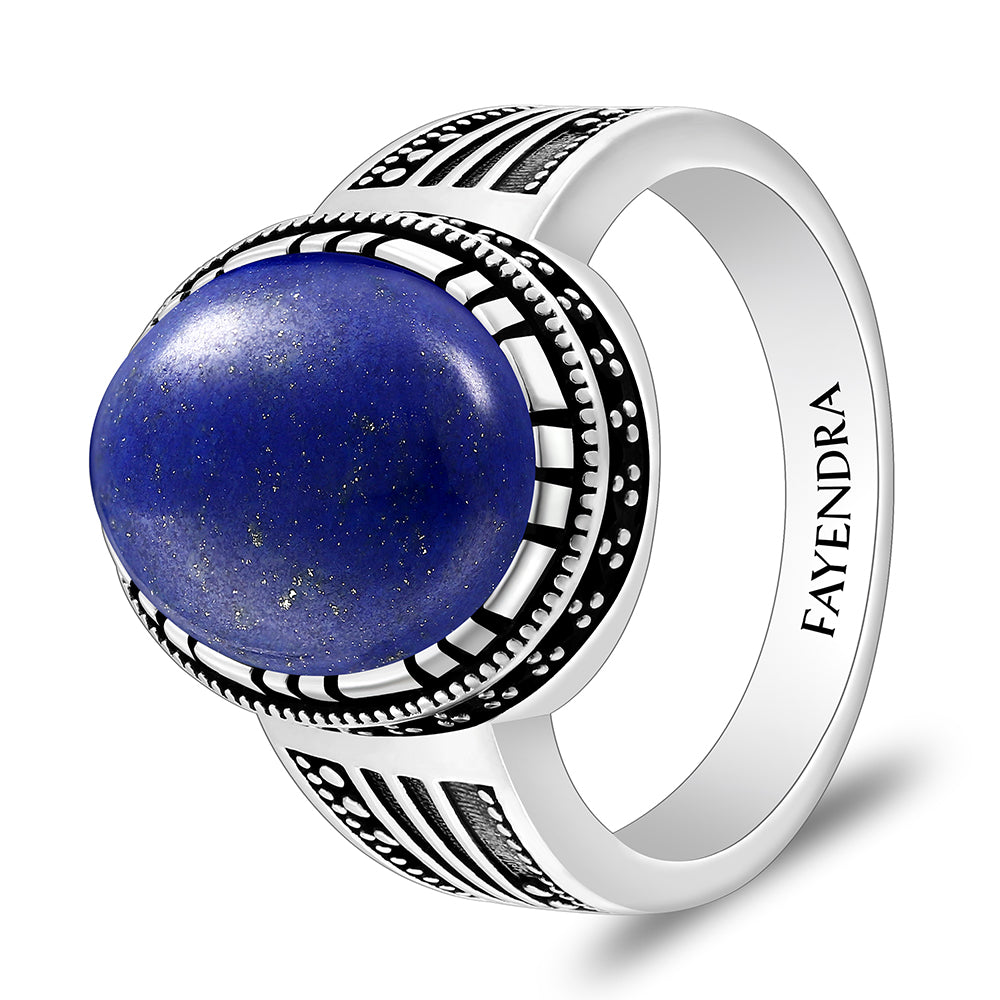 خاتم رجالي من الفضة الخالصة عيار925 مطلي روديوم و اسود مرصع حجر لابيس كابشون