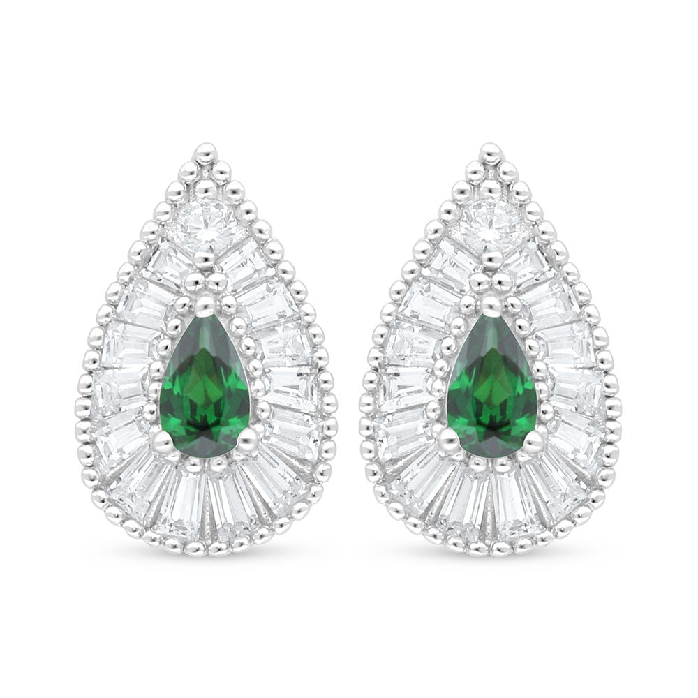 Sterling Silver 925 Earring Rhodium Plated Embedded With Emerald Zircon And White Zircon