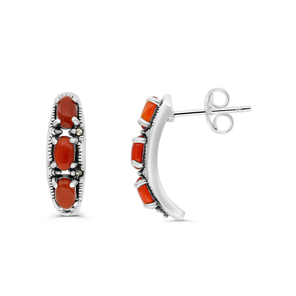 Sterling Silver 925 Earring Embedded With Natural Aqiq And Marcasite Stones