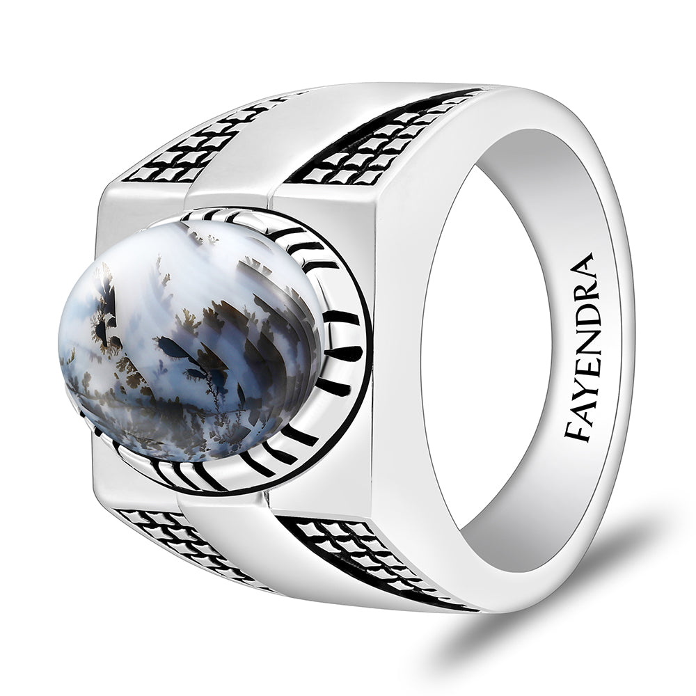 خاتم رجالي من الفضة الخالصة عيار 925 مطلي روديوم و اسود مرصع احجار عقيق مشجر طبيعي كابشون