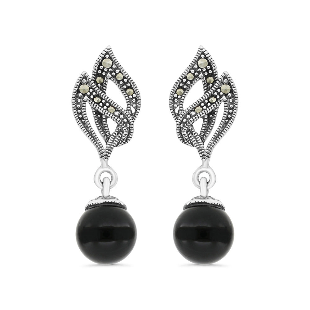 Sterling Silver 925 Earring Embedded With Natural Black Agate And Marcasite Stones
