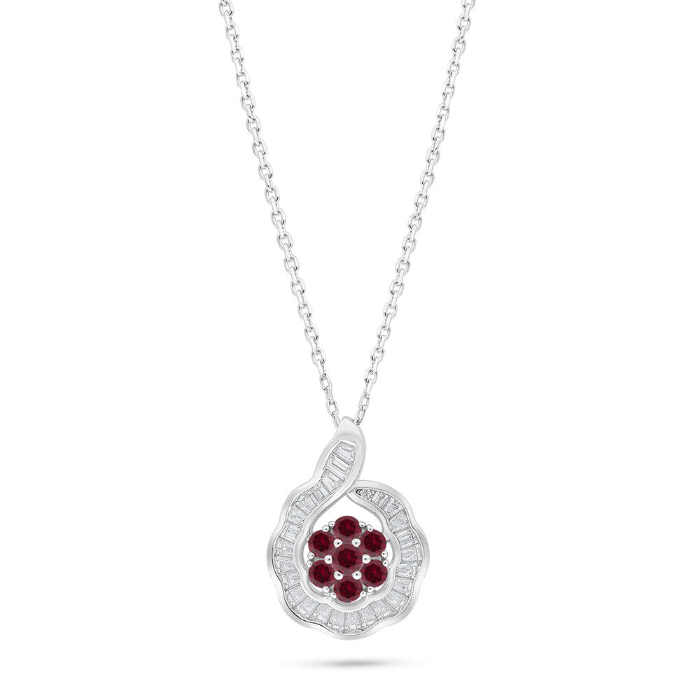 Sterling Silver 925 Necklace Rhodium Plated Embedded With Ruby Corundum And White Zircon
