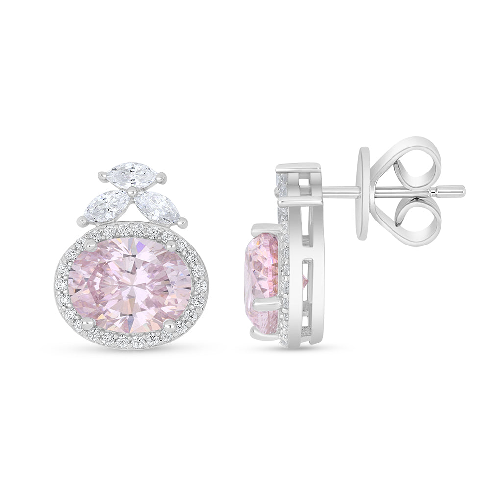 Sterling Silver 925 Earring Rhodium Plated Embedded With pink Zircon And White Zircon