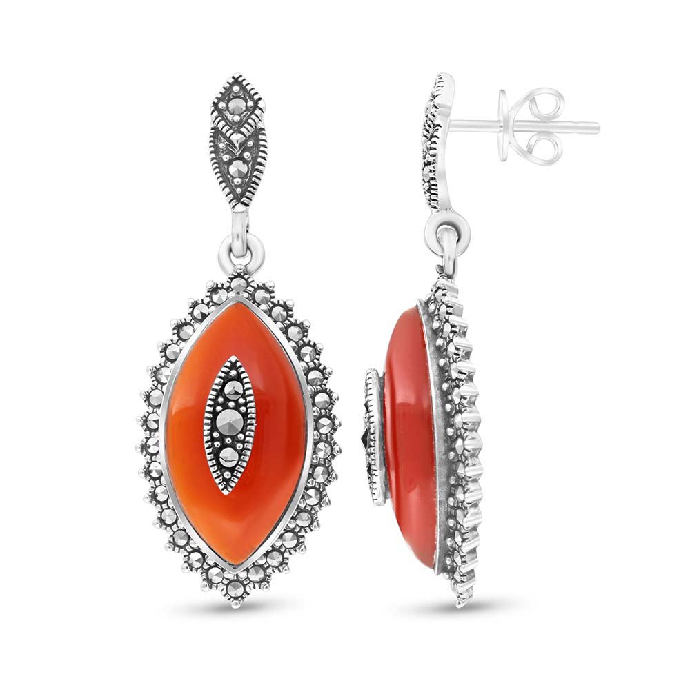 Sterling Silver 925 Earring Embedded With Natural Aqiq And Marcasite Stones