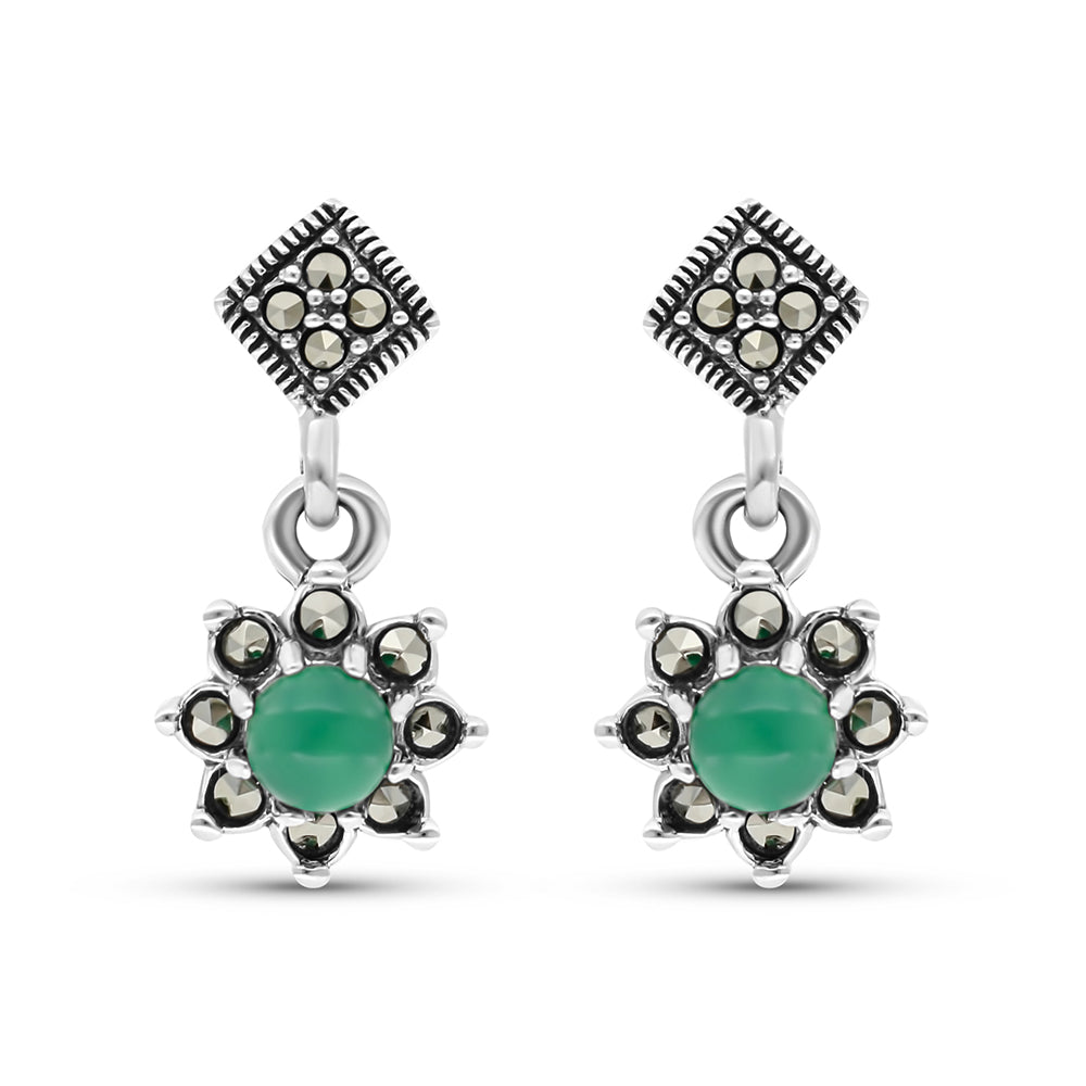 Sterling Silver 925 Earring Embedded With Natural Green Agate And Marcasite Stones