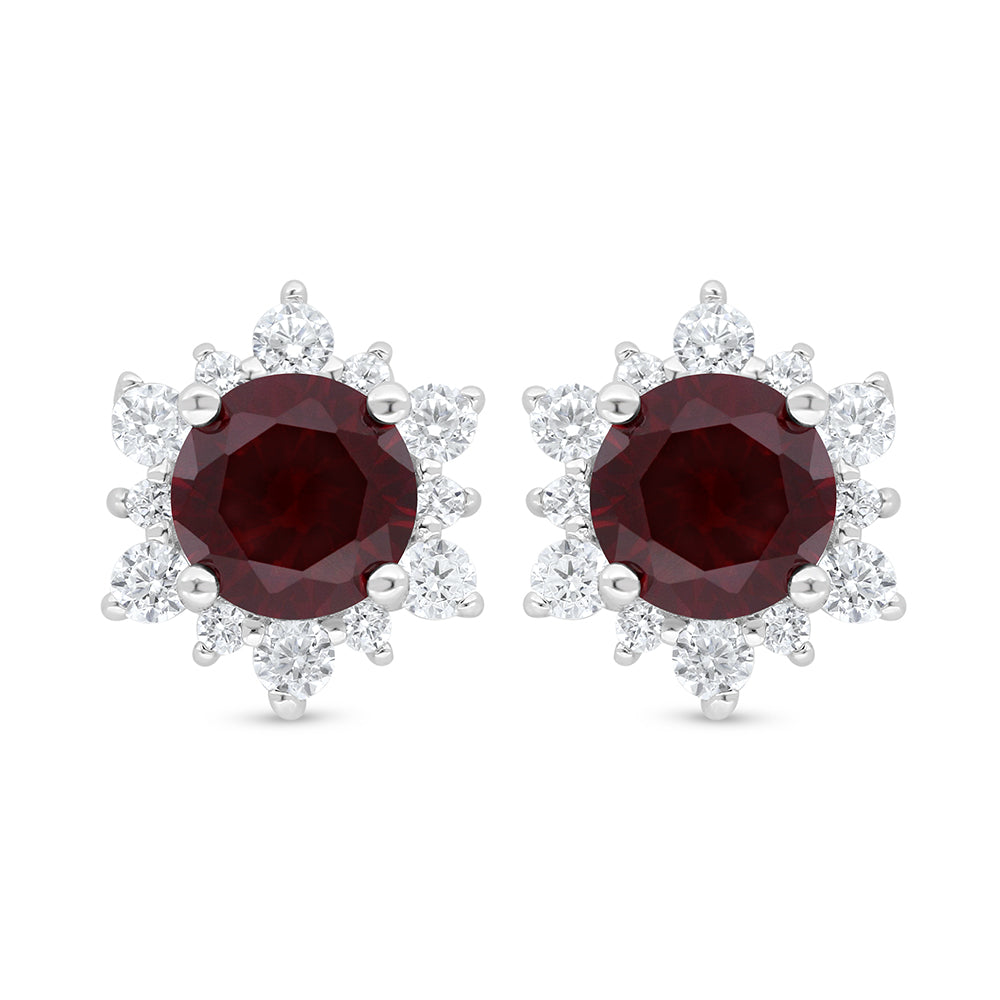 Sterling Silver 925 Earring Rhodium Plated Embedded With Ruby Corundum And White Zircon