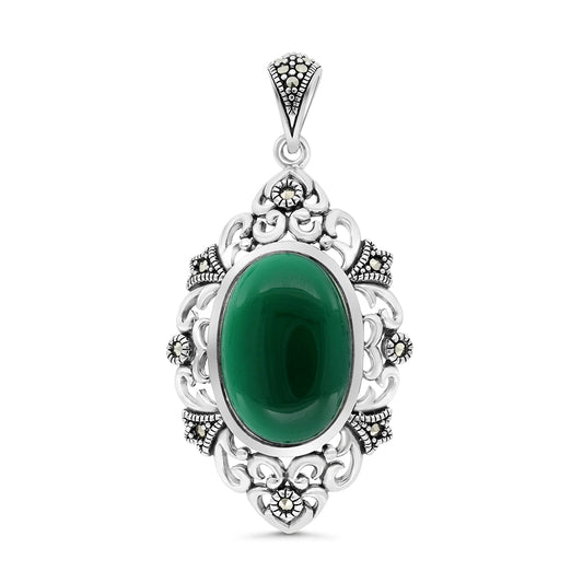 Sterling Silver 925 Pendant Embedded With Natural Green Agate And Marcasite Stones