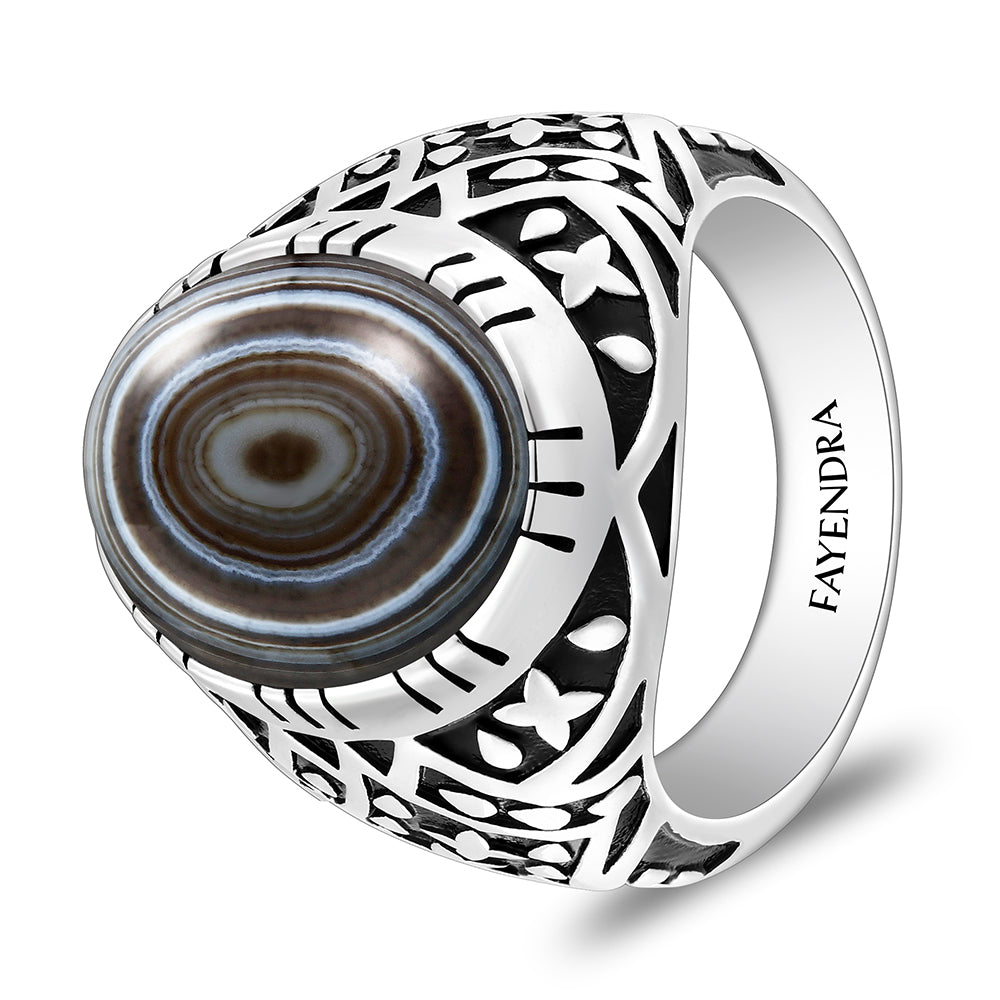 خاتم رجالي من الفضة الخالصة عيار 925 مطلي روديوم و اسود مرصع احجار عقيق سليماني كابشون