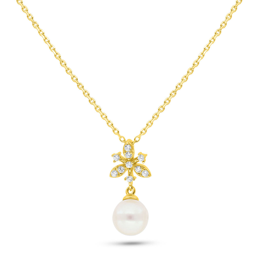 Sterling Silver 925 Necklace Golden Plated Embedded With Fresh Water Pearl And White Zircon