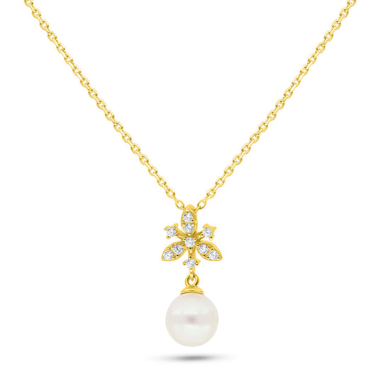 Sterling Silver 925 Necklace Golden Plated Embedded With Fresh Water Pearl And White Zircon