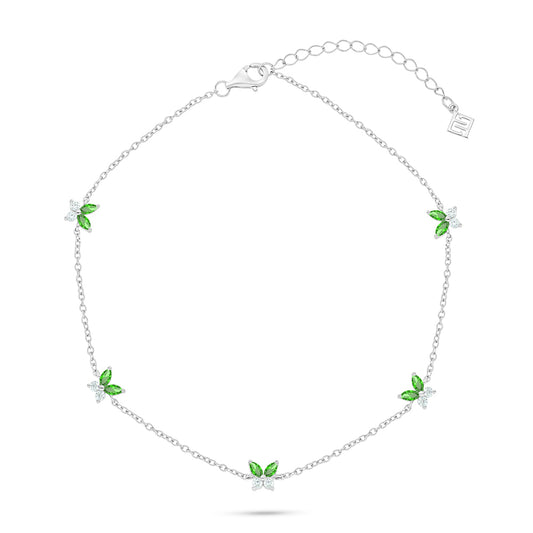 Sterling Silver 925 Anklet  Rhodium Plated Embedded With Emerald Zircon And White Zircon