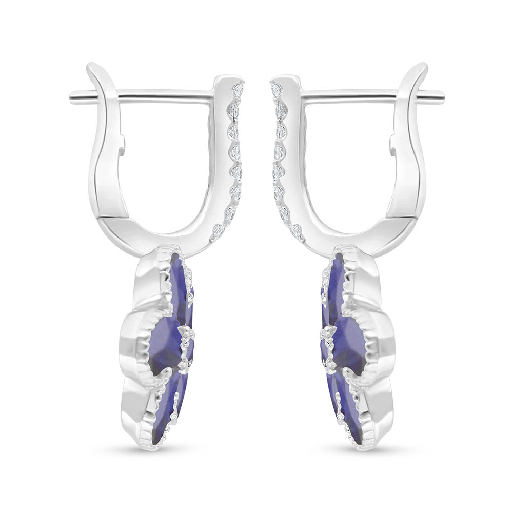 Sterling Silver 925 Earring Rhodium Plated Embedded With Sapphire Corundum And White Zircon