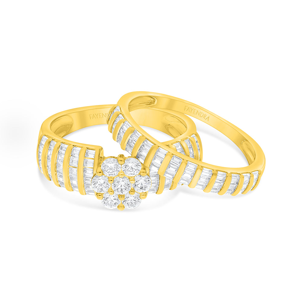 Sterling Silver 925 Ring (Twins) Golden Plated Embedded With White Zircon