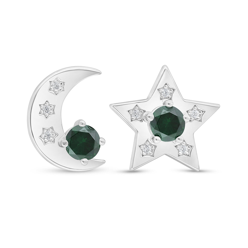 Sterling Silver 925 Earring Rhodium Plated Embedded With Emerald Zircon And White Zircon