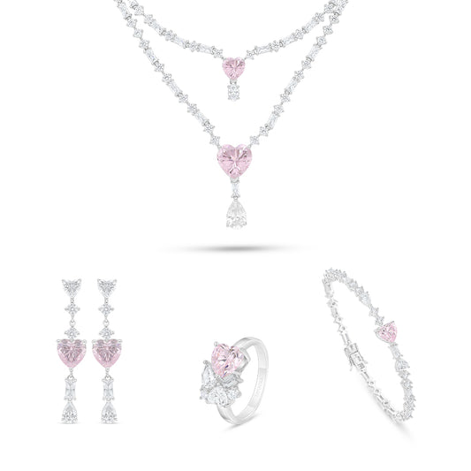 Sterling Silver 925 SET Rhodium Plated Embedded With Pink Zircon And White Zircon