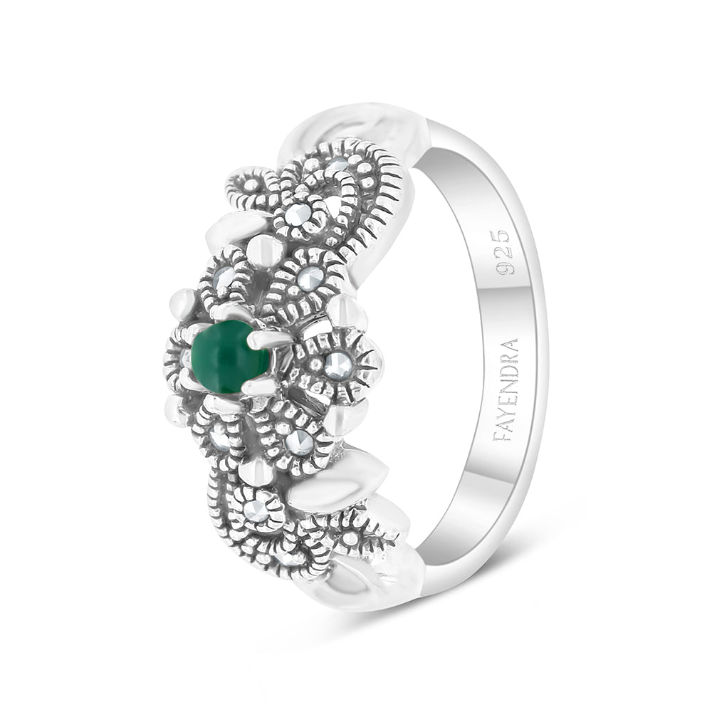 Sterling Silver 925 Set Embedded With Natural Green Agate And Marcasite Stones