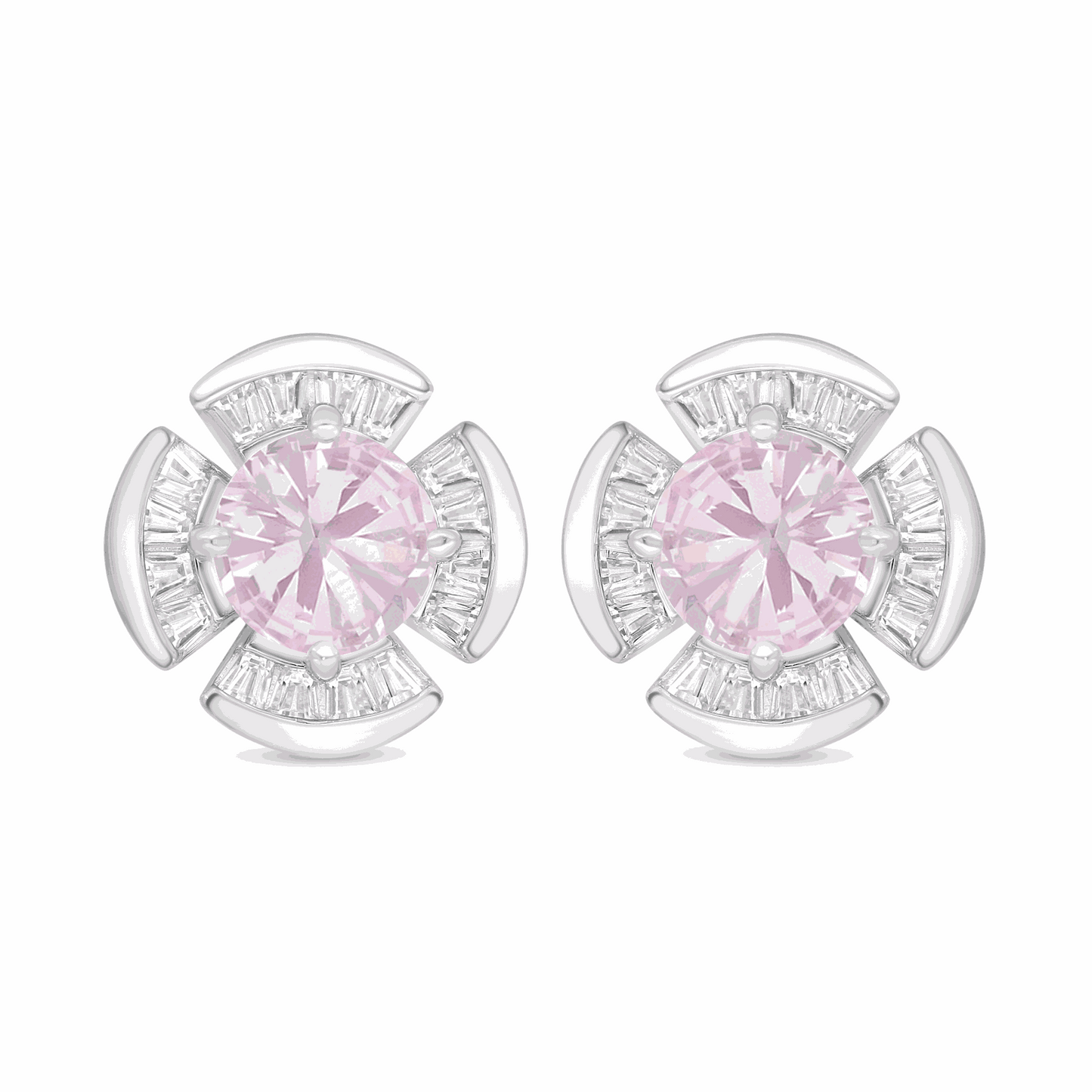 Sterling Silver 925 Earring Rhodium Plated Embedded With Pink Zircon And White Zircon