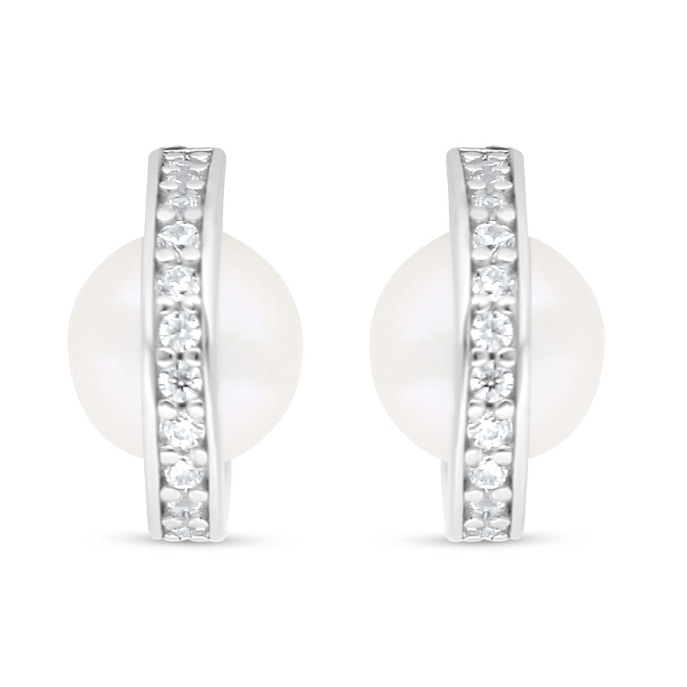 Sterling Silver 925 Earring Rhodium Plated Embedded With Fresh Water Pearl And White Zircon