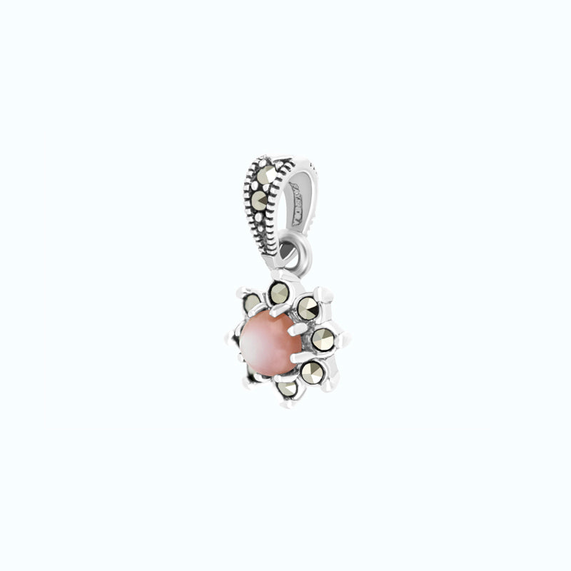 Sterling Silver 925 Pendant Embedded With Natural Pink Shell And Marcasite Stones