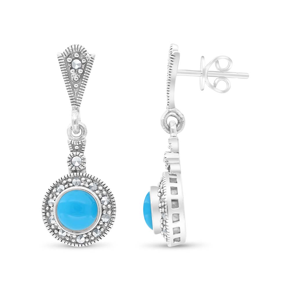 Sterling Silver 925 Earring Embedded With Natural Processed Turquoise And Marcasite Stones